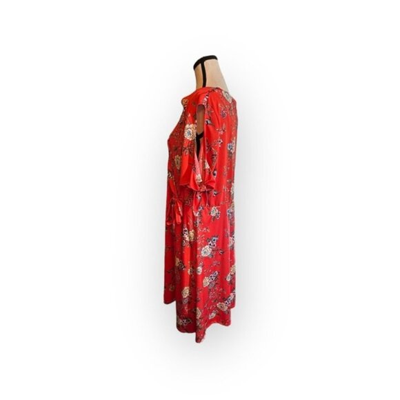 Women’s 2X Michel Studio Red Orange Wrap Front Floral Dress Short Slit Sleeve - Picture 5 of 9